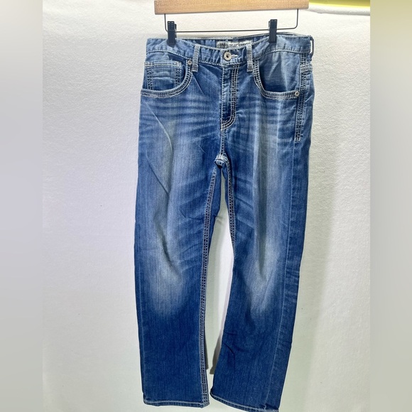 BKE Buckle Tyler Straight Leg Jeans Mens 32R Stretch Denim Blue Wide Stitch 1941 - Picture 1 of 10